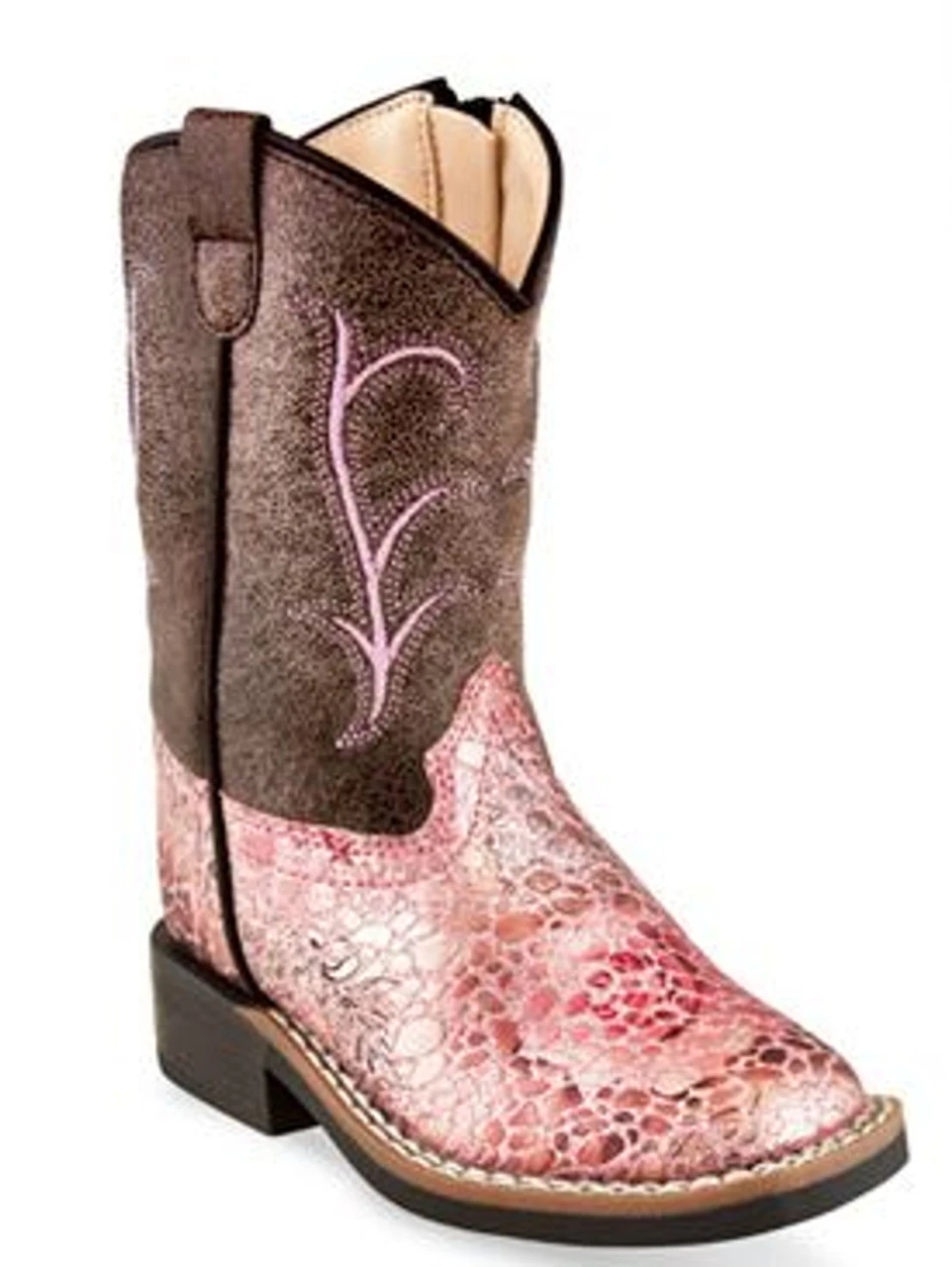 Old West- Girls Toddler Broad Square Toe Leatherette Boots- Antique Pink/Brown 1 Old West- Girls Toddler Broad Square Toe Leatherette Boots- Antique Pink/Brown