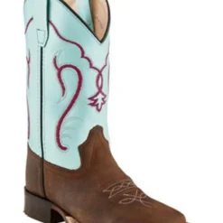 Old West- Boys Broad Square Toe Goodyear Welted Boots- Brown/Light Blue