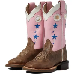 Old West Girls Pretty Pink And Brown With Stars Square Toe Boots