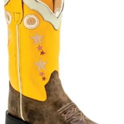 Old West Girls Yellow And Brown With Stars Broad Square Toe Boots