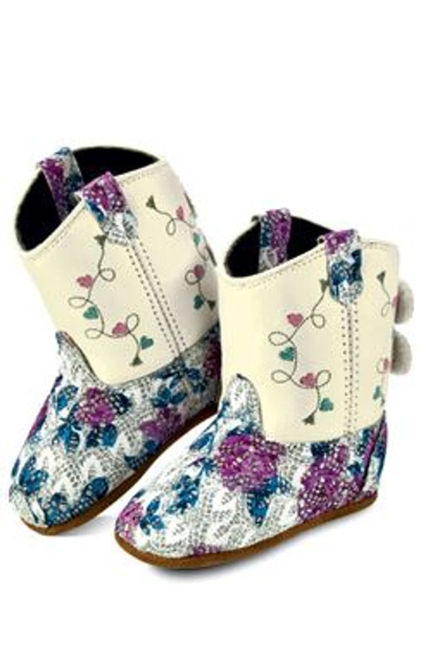 Old West Infant Girls White And Floral Poppet Boots 1 Old West Infant Girls White And Floral Poppet Boots