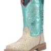 Dan Post Girls 8" Pull On Splatt Teal Square Bone Western Boots