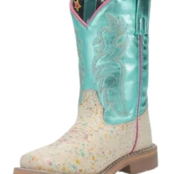 Dan Post Girls 8" Pull On Splatt Teal Square Bone Western Boots