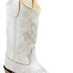 Jama Boots Girl's Fashion Snip Toe 8" White Leather Boots With Gold Floral Design